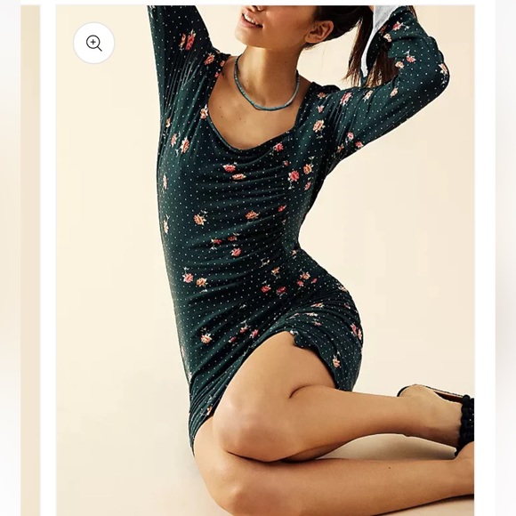 FREE PEOPLE 🆕Celia mini dress green pink floral long sleeves large - Picture 2 of 15